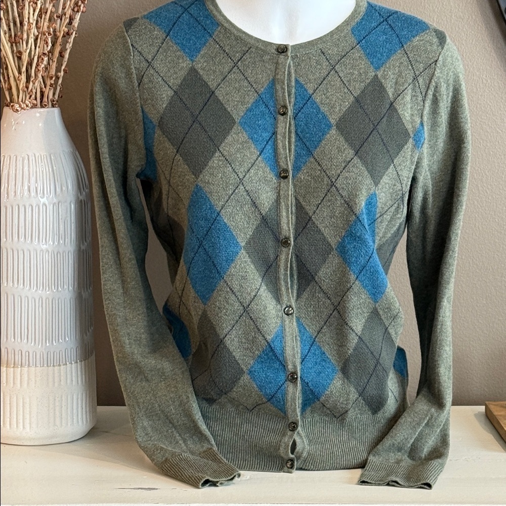 CROFT & BARROW Olive Teal Pima Cotton Argyle Cardigan Academia Preppy Small